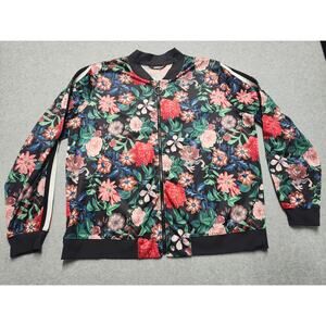 Project Runway Floral Bomber Jacket Womens Black Pink Zip Up Lightweight
